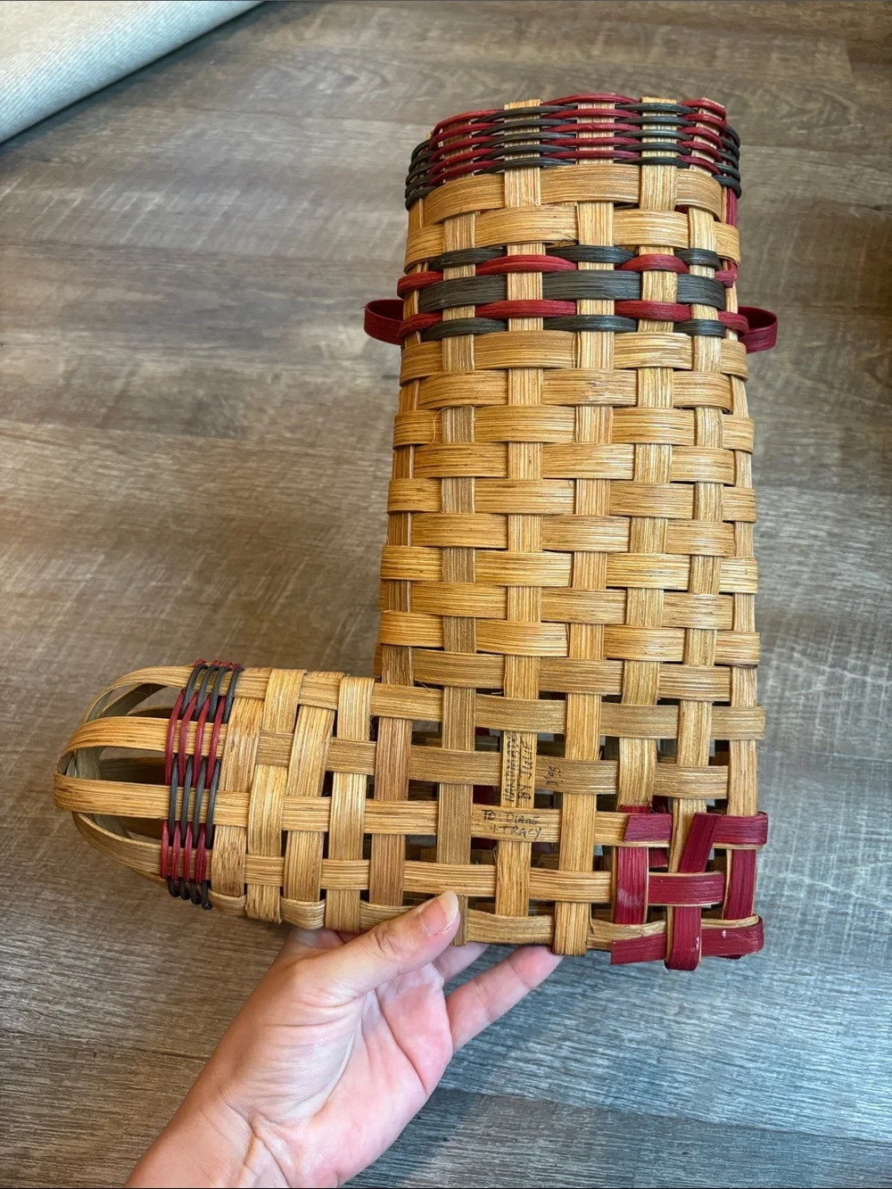 Christmas Stocking Handmade Woven Wicker Basket Holiday Decor Tan/Red